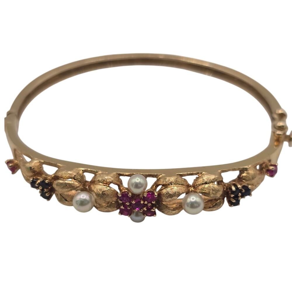 Vintage 14K Yellow Gold Pearl Ruby Sapphire Floral Hinged Bangle 15.6g